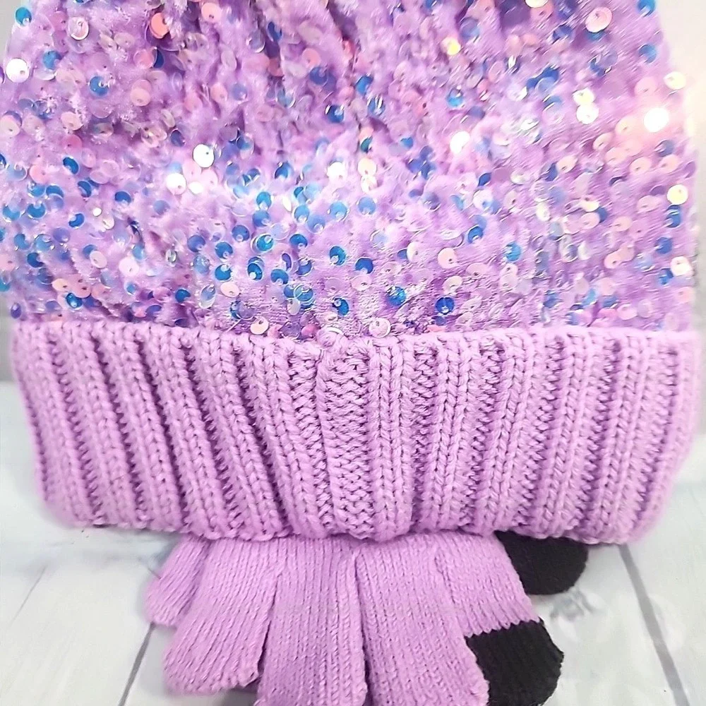 Justice Girls Purple Sequin Ribbed Beanie w/faux fur & Gloves 2-Piece Set NWT